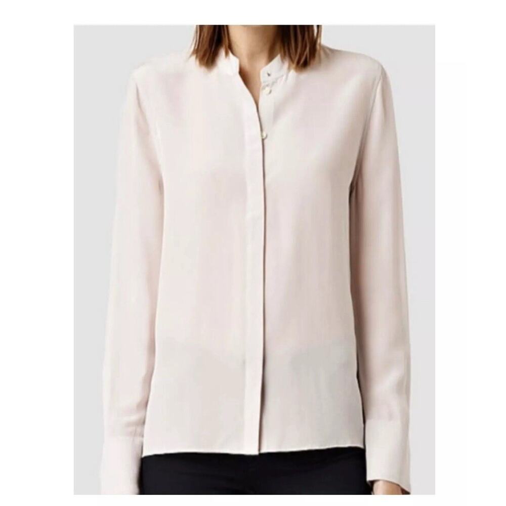 AllSaints Ando‎ Silk Button Up Blouse Silver Gray Minimalist Officecore 4
